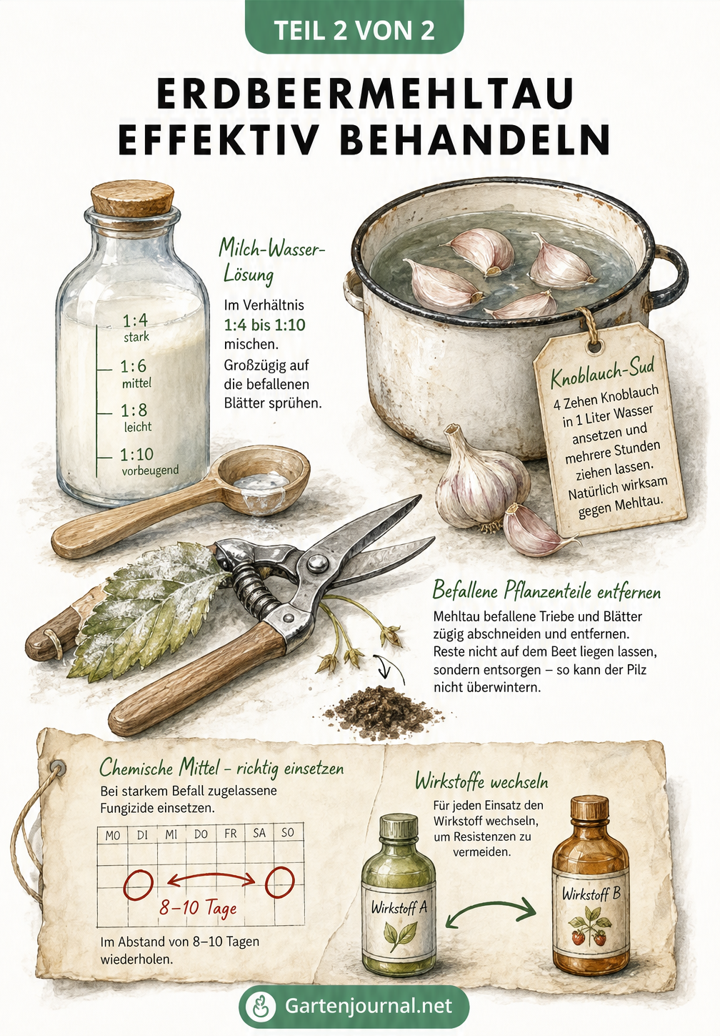 Illustration verschiedener Behandlungsmethoden gegen Erdbeermehltau, darunter eine Milch-Wasser-Mischung, Knoblauchsud und das Abschneiden befallener...