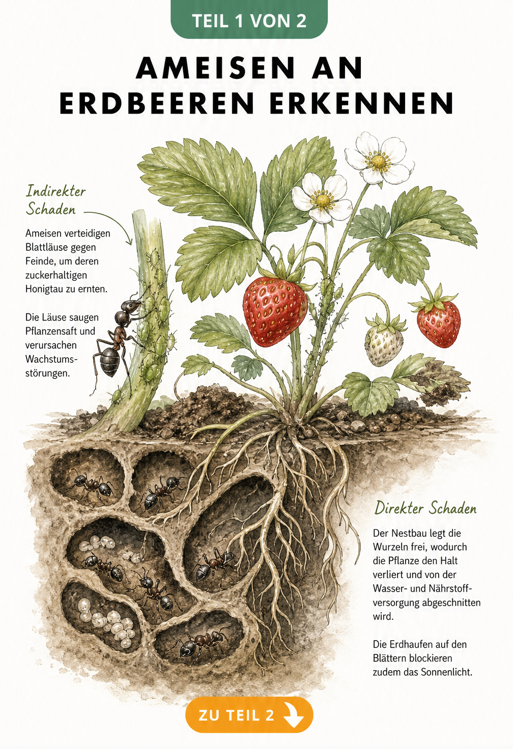 Botanische Querschnitts-Illustration einer Erdbeerpflanze mit Blattläusen am Stängel und einem Ameisennest an den Wurzeln