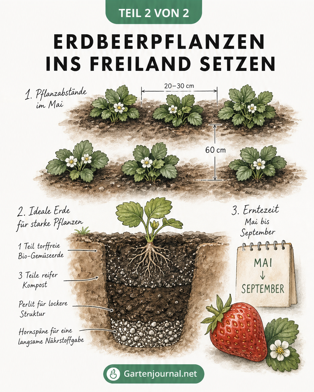 Aquarell-Illustration: Erdbeerpflanzen im Gartenbeet mit Pflanzabständen und Querschnitt der idealen Erdschichten.