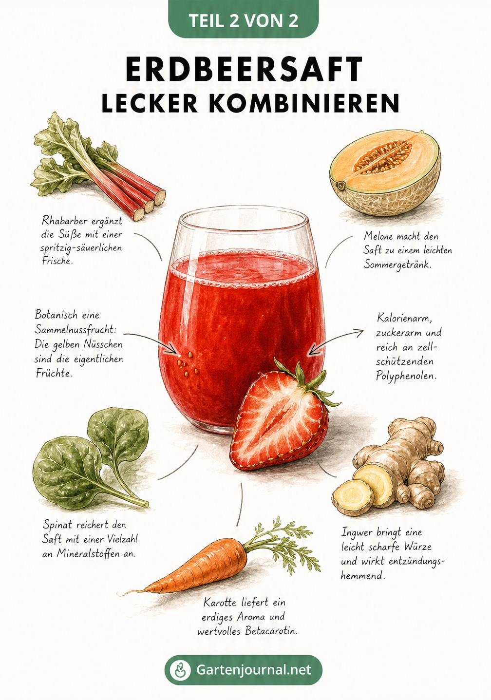 Kombinationsmöglichkeiten für Erdbeersaft mit Rhabarber, Melone, Ingwer, Karotte und Spinat