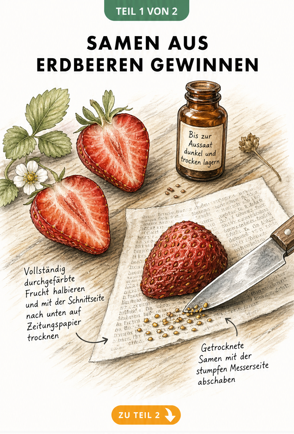 Aquarell-Illustration: Erdbeere halbieren, auf Zeitungspapier trocknen und Samen mit einem Messer abschaben