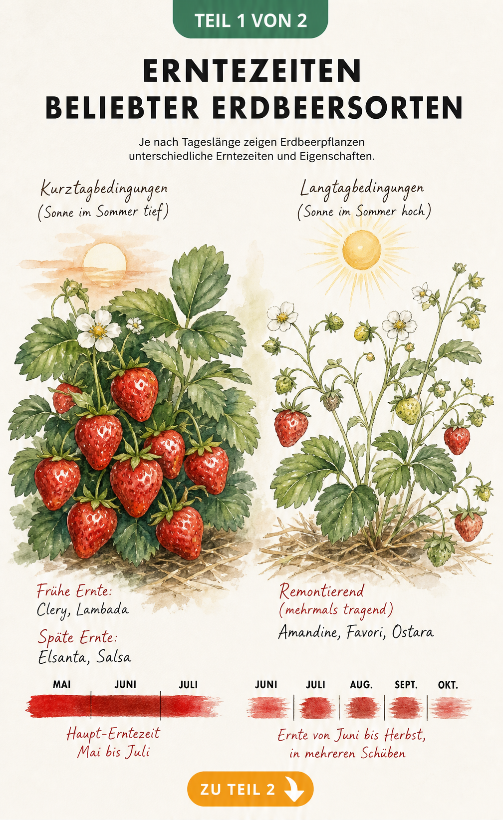 Botanische Illustration von Erdbeerpflanzen, die Erntezeiten von einmaltragenden und mehrmals tragenden Sorten vergleicht.