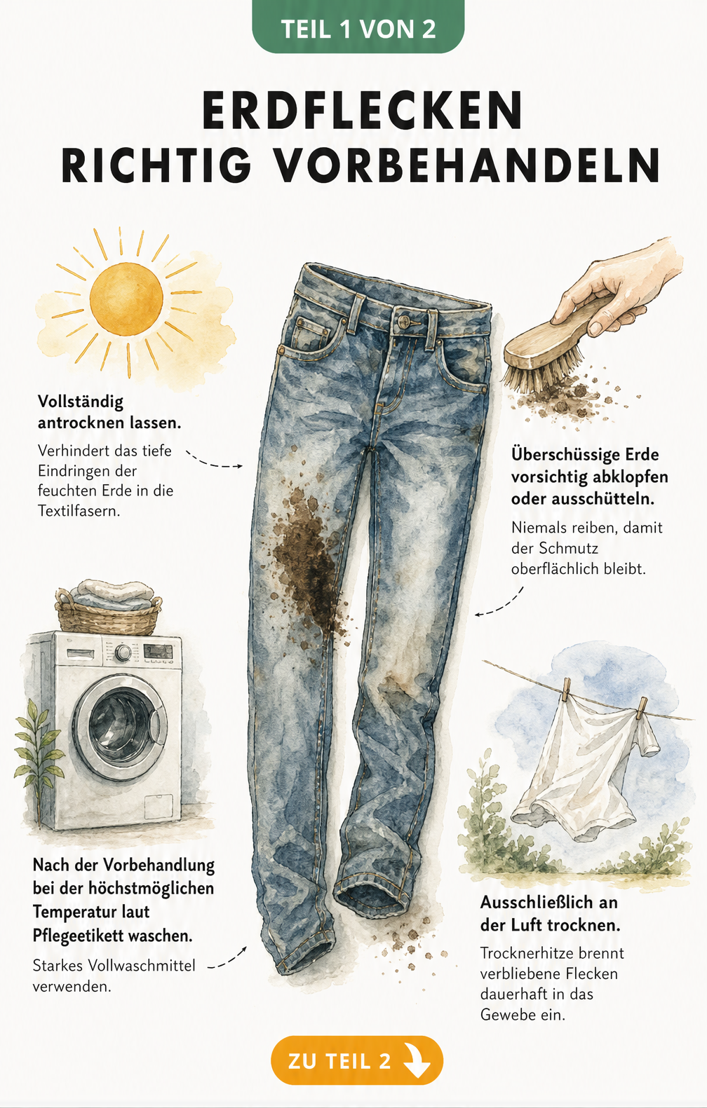 Illustration einer Gartenjeans mit Erdfleck und vier Schritten zur Vorbehandlung: antrocknen lassen, abklopfen, heiß waschen und an der Luft trocknen.