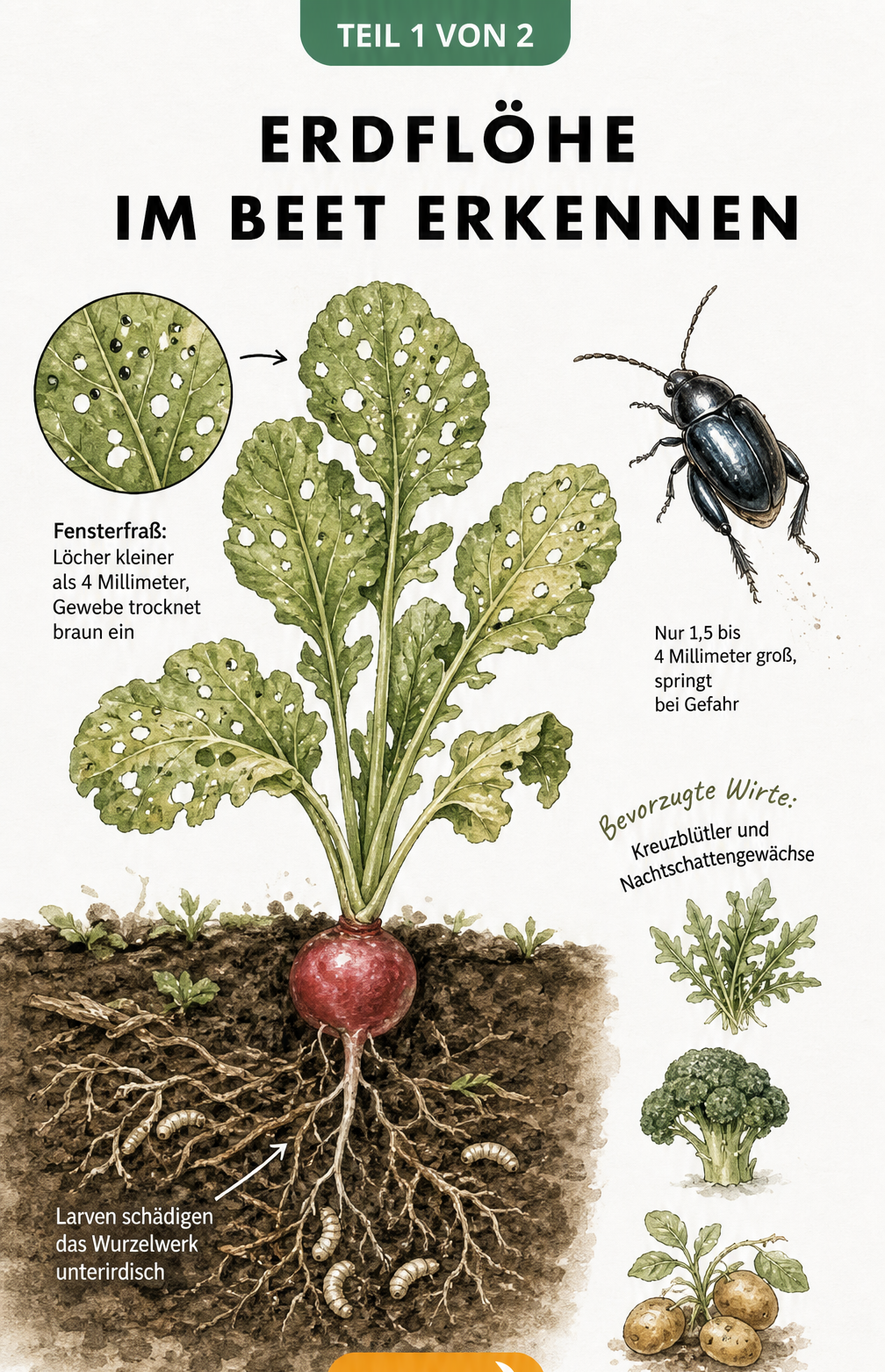 Botanische Illustration einer Radieschenpflanze mit Fensterfraß an den Blättern, einem vergrößerten Erdfloh und Larven an den Wurzeln