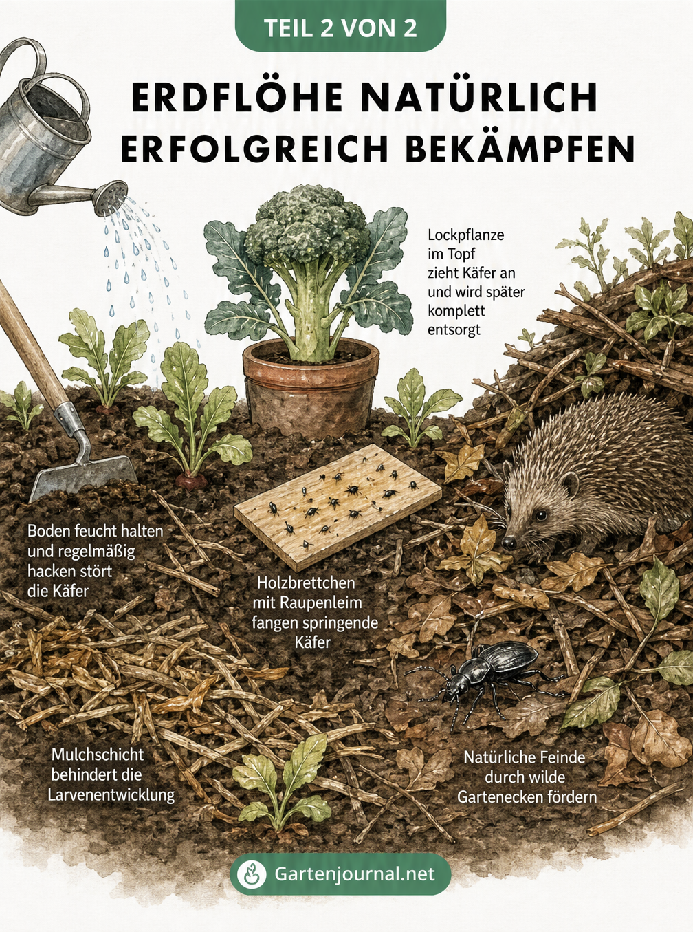 Querschnitt eines Gartenbeets mit Maßnahmen gegen Erdflöhe: Boden hacken, Mulchschicht, Leimbrettchen, Lockpflanze und natürliche Feinde wie Igel