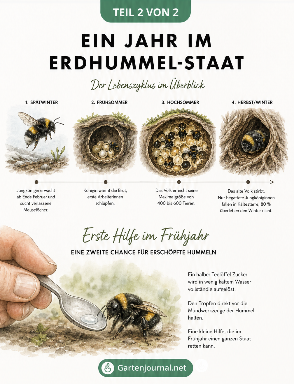 Lebenszyklus eines Erdhummel-Staates und Anleitung zur Ersten Hilfe für erschöpfte Hummeln