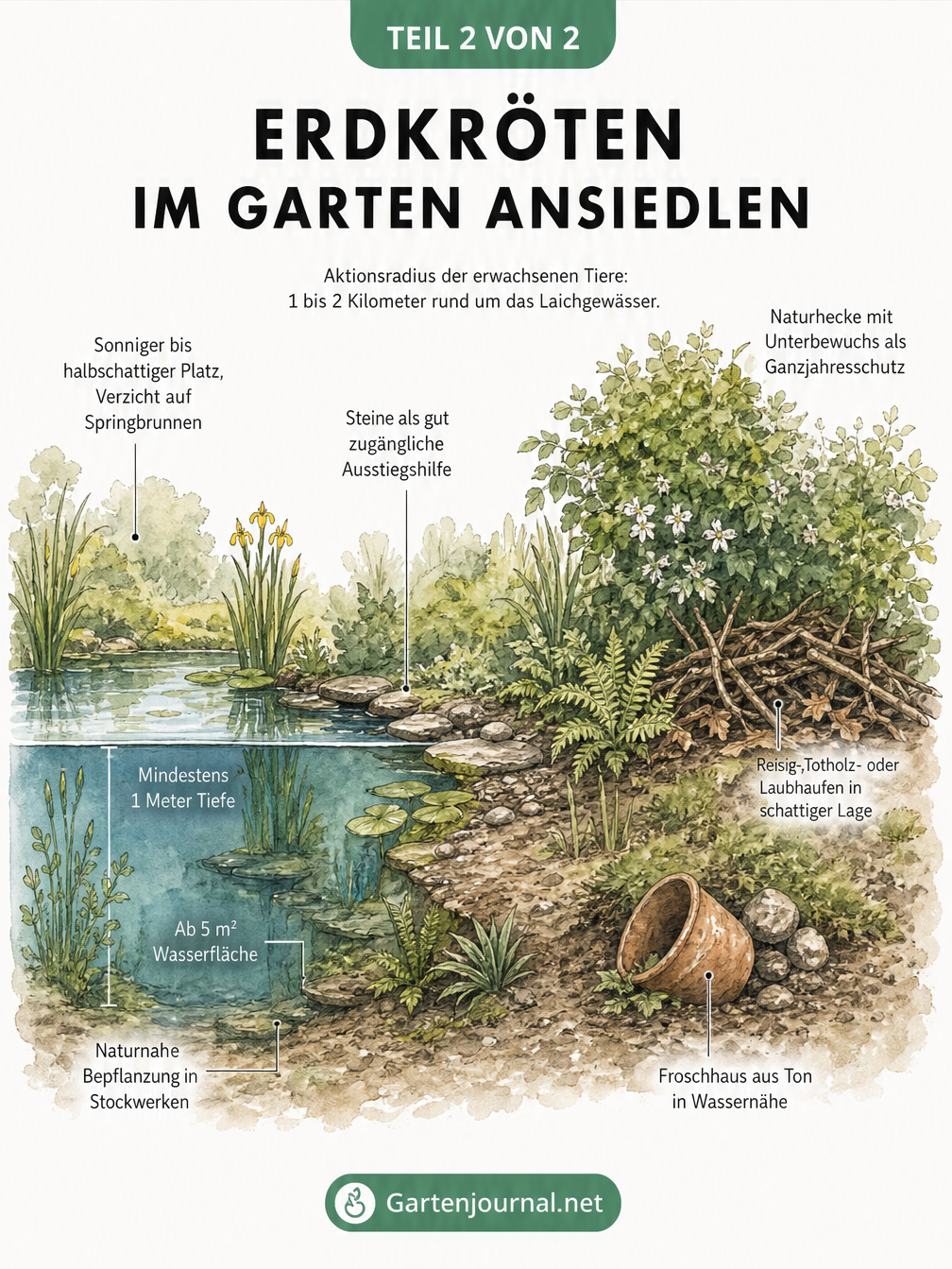 Querschnitt eines naturnahen Gartens mit Teich, Hecke und Froschhaus als Lebensraum für Erdkröten