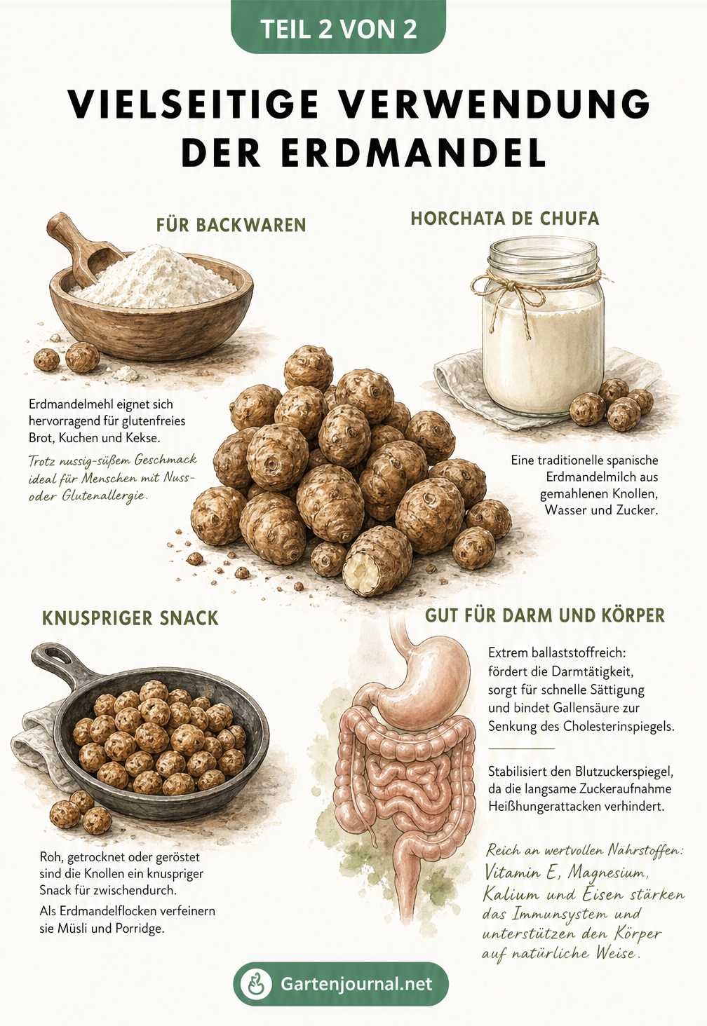 Illustration von Erdmandeln mit Beispielen zur Verwendung wie Erdmandelmehl, Horchata de Chufa und gerösteten Knollen