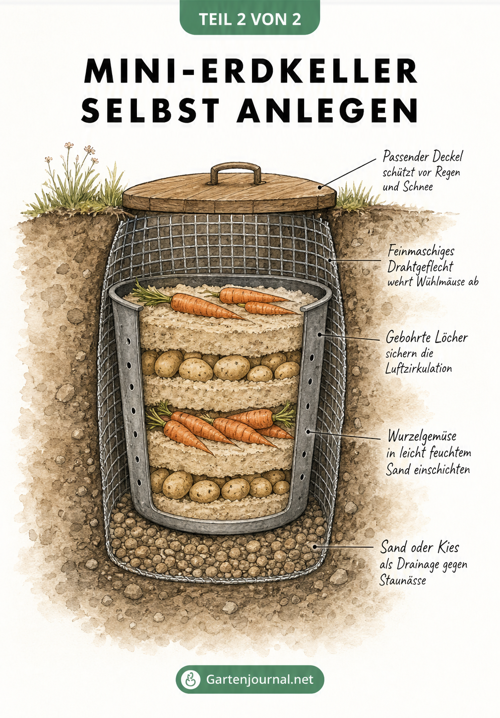 Querschnitt einer Erdmiete im Gartenboden mit geschichtetem Wurzelgemüse in Sand