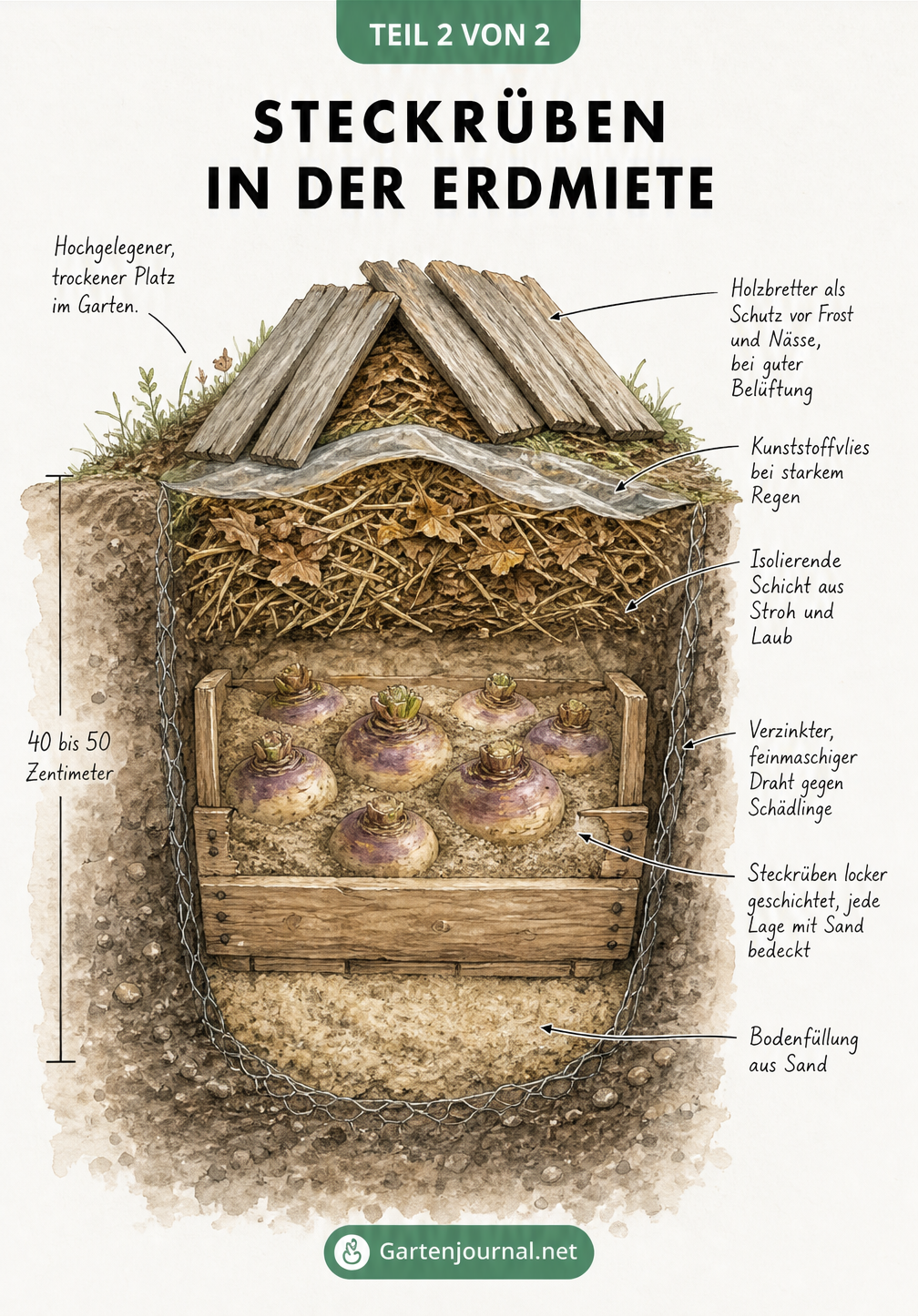 Querschnitt einer Erdmiete für Steckrüben mit Schichten aus Sand, Stroh, Laub und Holzbrettern