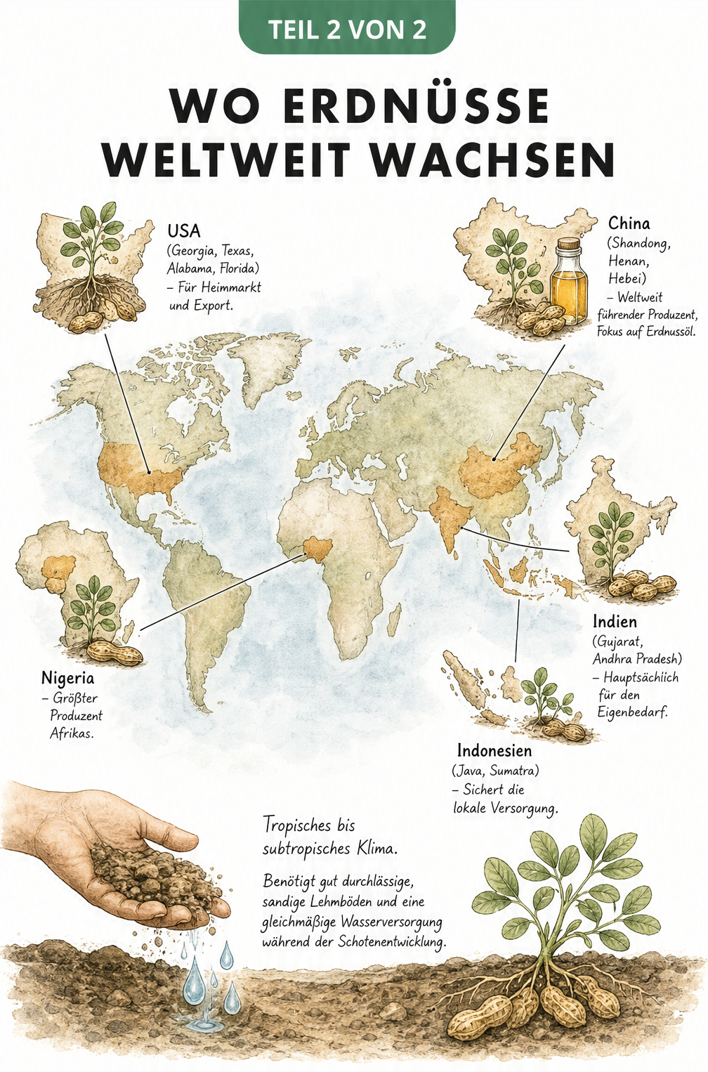 Illustrierte Weltkarte mit den wichtigsten Anbaugebieten für Erdnüsse in den USA, Nigeria, Indien, China und Indonesien