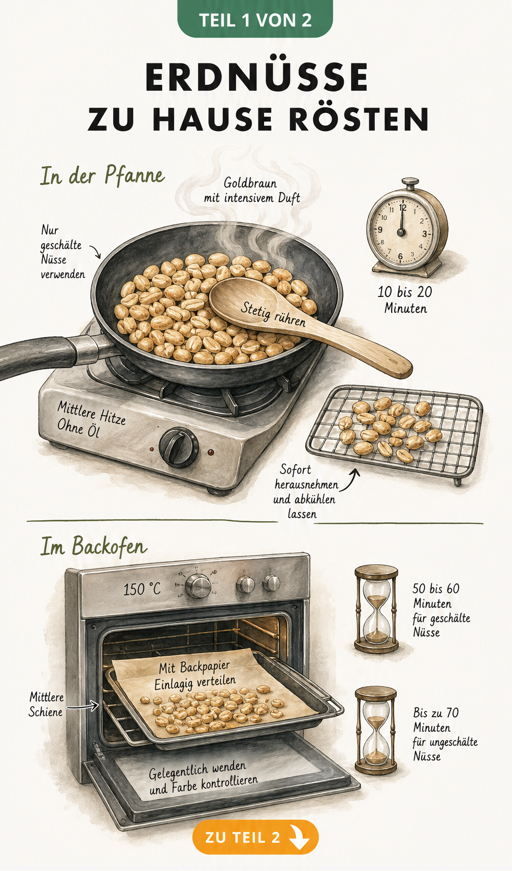 Illustration der Röstmethoden für Erdnüsse in der Pfanne und im Backofen