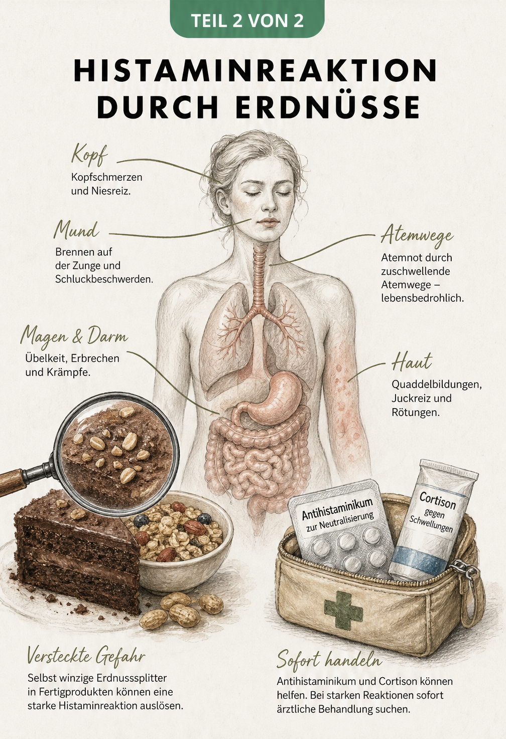 Anatomische Illustration eines menschlichen Oberkörpers mit Symptomen einer Erdnussallergie und versteckten Erdnüssen in Lebensmitteln