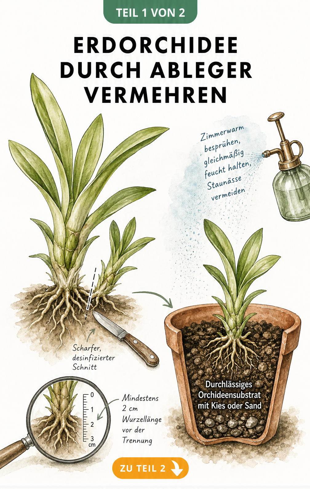 Botanische Illustration einer Erdorchidee mit einem seitlichen Ableger, der mit einem desinfizierten Gartenmesser abgetrennt wird.