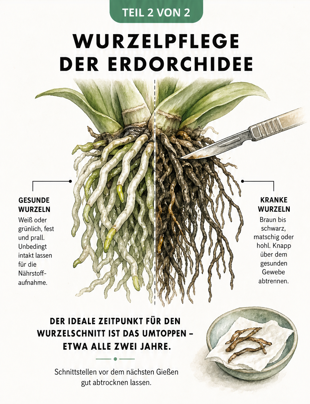 Illustration eines Erdorchideen-Wurzelballens, die den Unterschied zwischen gesunden und kranken Wurzeln sowie den richtigen Schnitt zeigt.