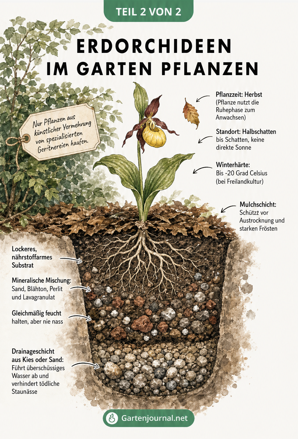 Erdquerschnitt eines Gartenbeets mit einer blühenden Erdorchidee, der den Schichtaufbau aus Mulch, lockerem Substrat und Drainageschicht zeigt.