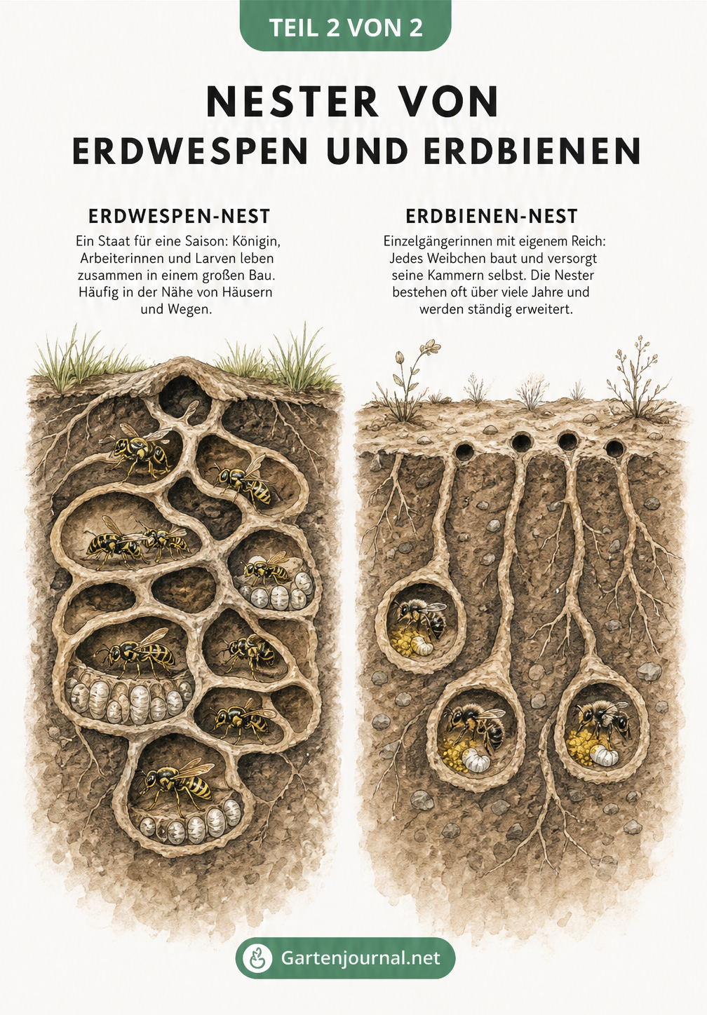 Querschnitt durch die Nester von Erdwespen und Erdbienen im Boden