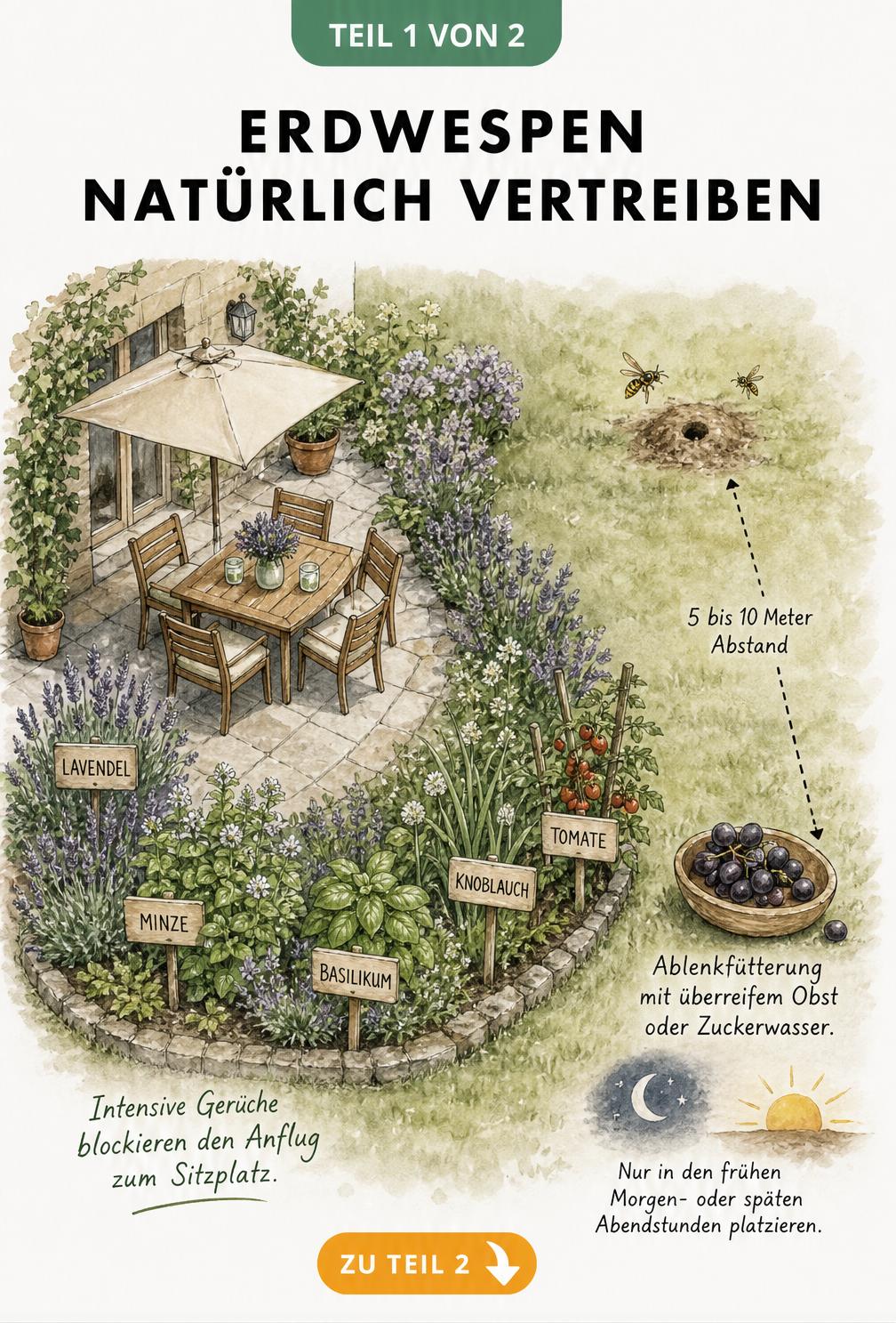 Illustration eines Gartens mit Duftpflanzen wie Lavendel und Minze rund um eine Terrasse zur Abwehr von Erdwespen sowie einer Ablenkfütterung in sicherer...