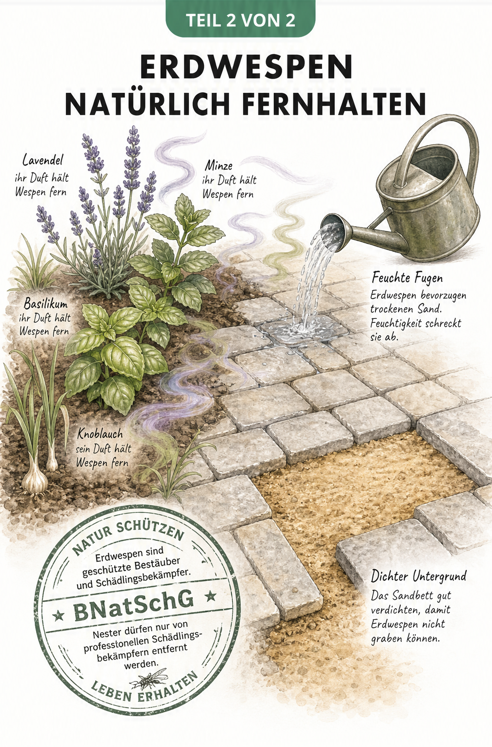 Isometrische Darstellung einer Terrasse mit abwehrenden Kräutern wie Lavendel und Minze sowie Maßnahmen wie Fugen wässern