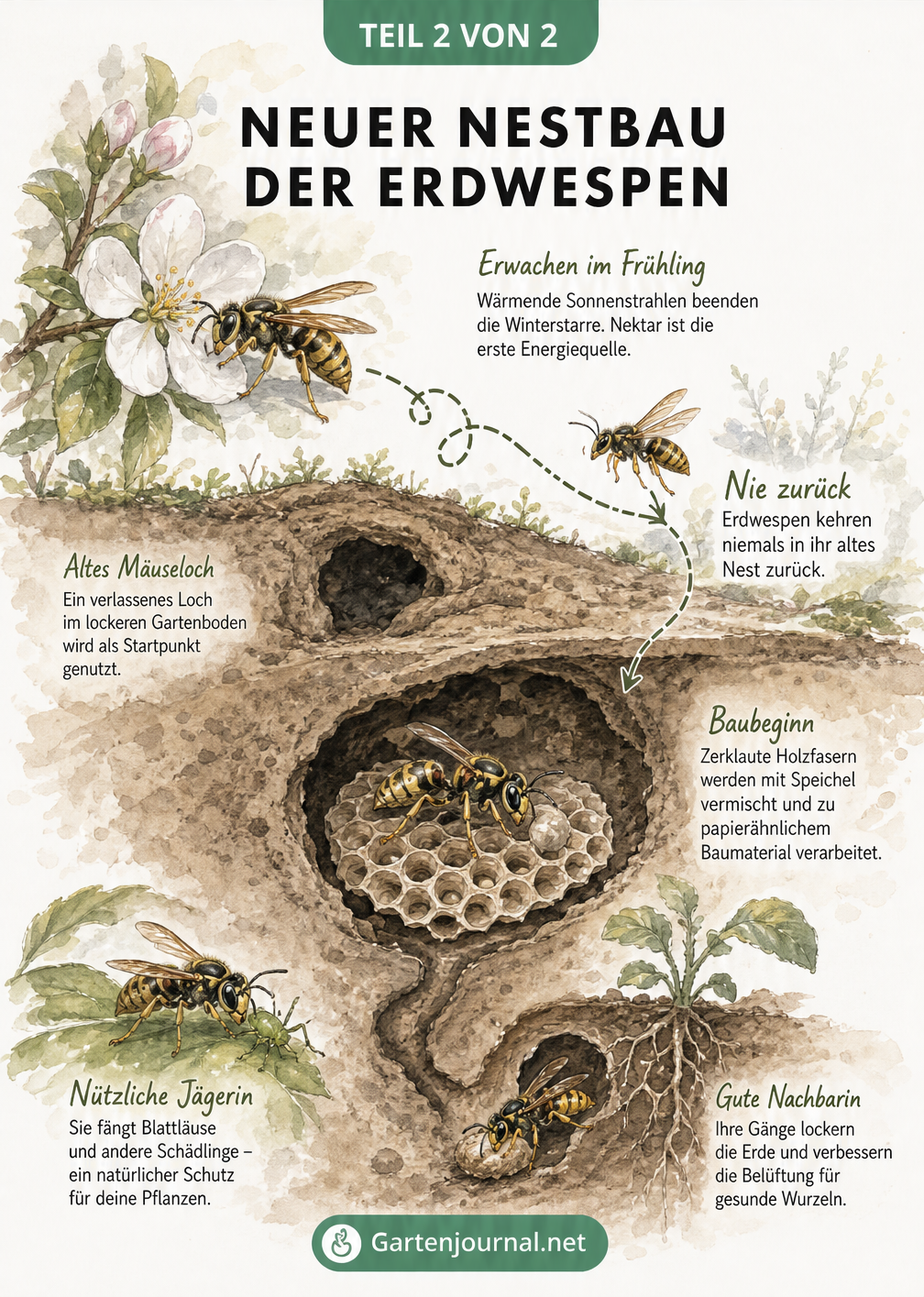 Frühlings-Querschnitt, der den Weg einer Erdwespen-Königin von einer Blüte zu einem verlassenen Mauseloch für den neuen Nestbau zeigt.