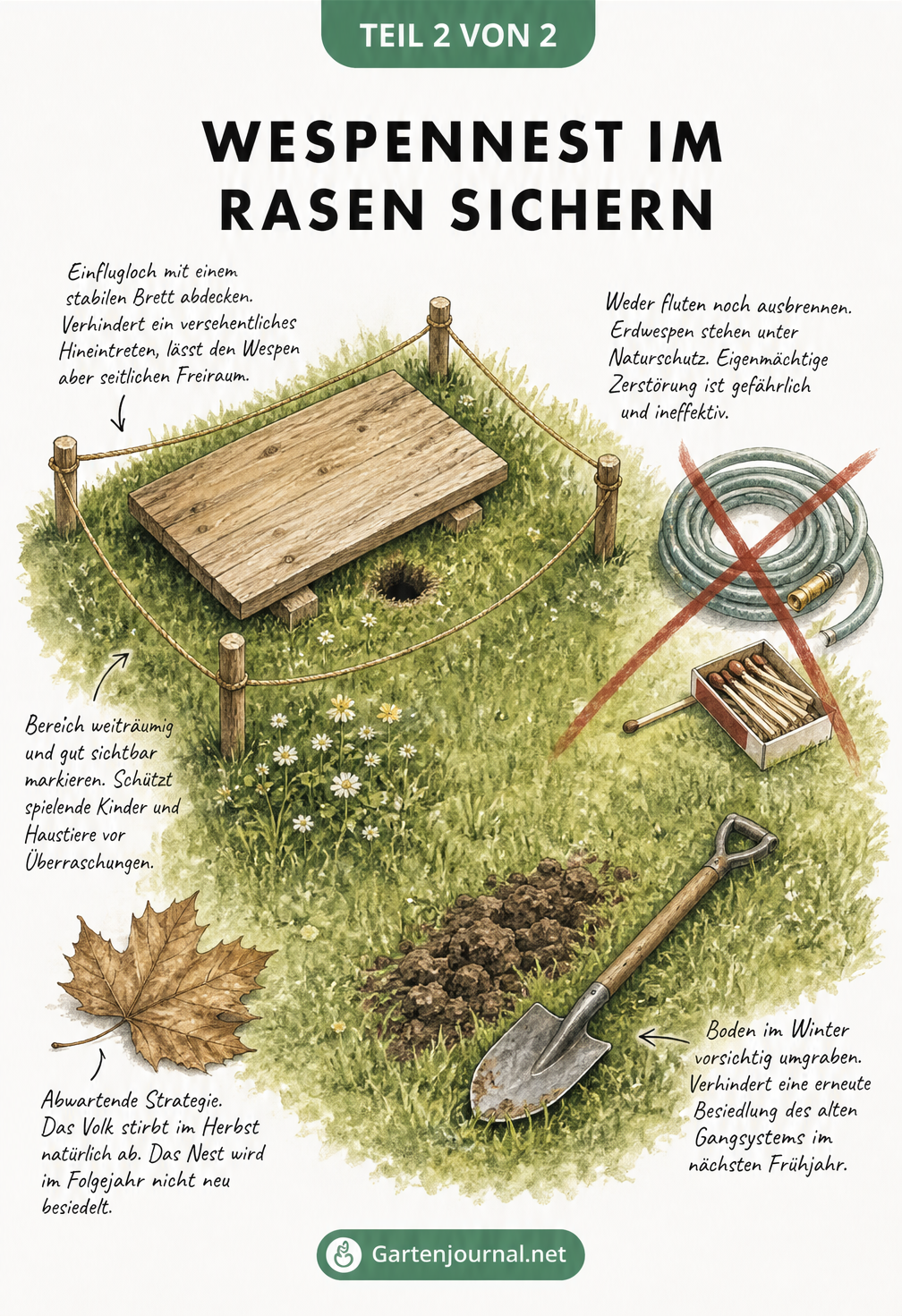 Isometrische Darstellung eines Rasenstücks mit gesichertem Wespennest durch Holzbrett und Absperrung