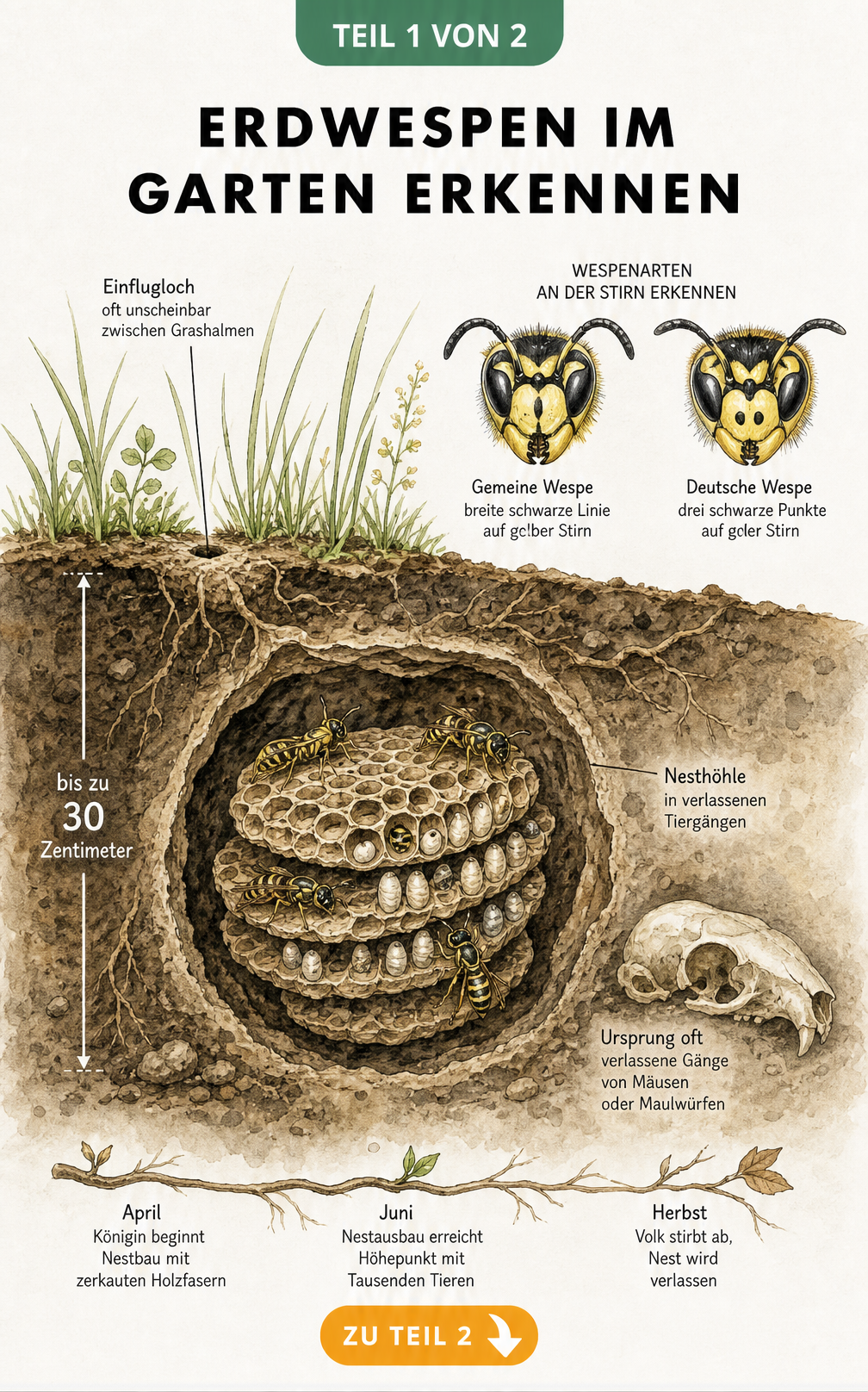 Querschnitt eines Erdwespennests im Gartenboden mit Unterscheidung von Gemeiner und Deutscher Wespe