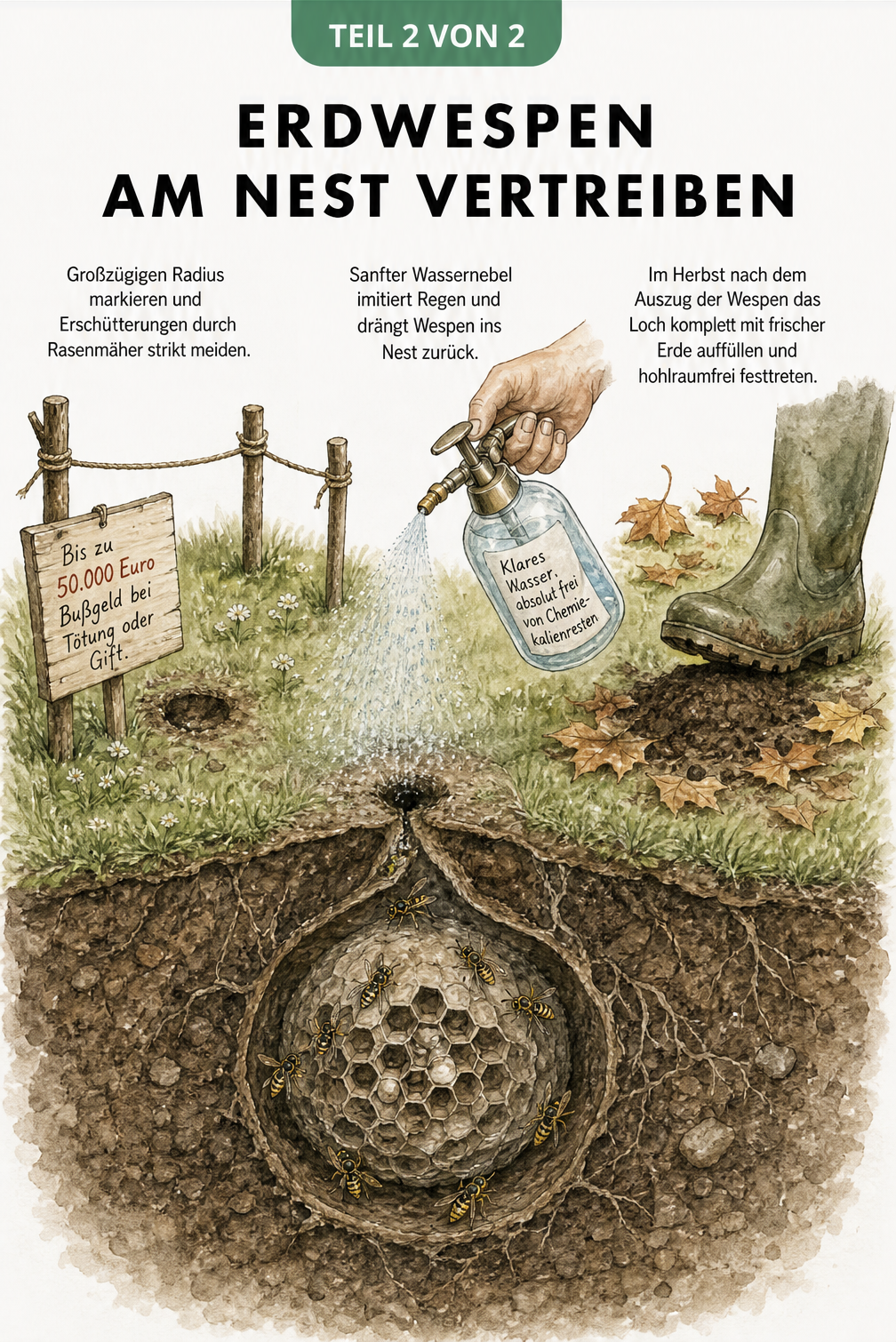 Querschnitt eines Erdwespennests im Boden, das Absperren des Bereichs, das Besprühen mit Wasser und das Verschließen des Nestlochs im Herbst mit Erde.