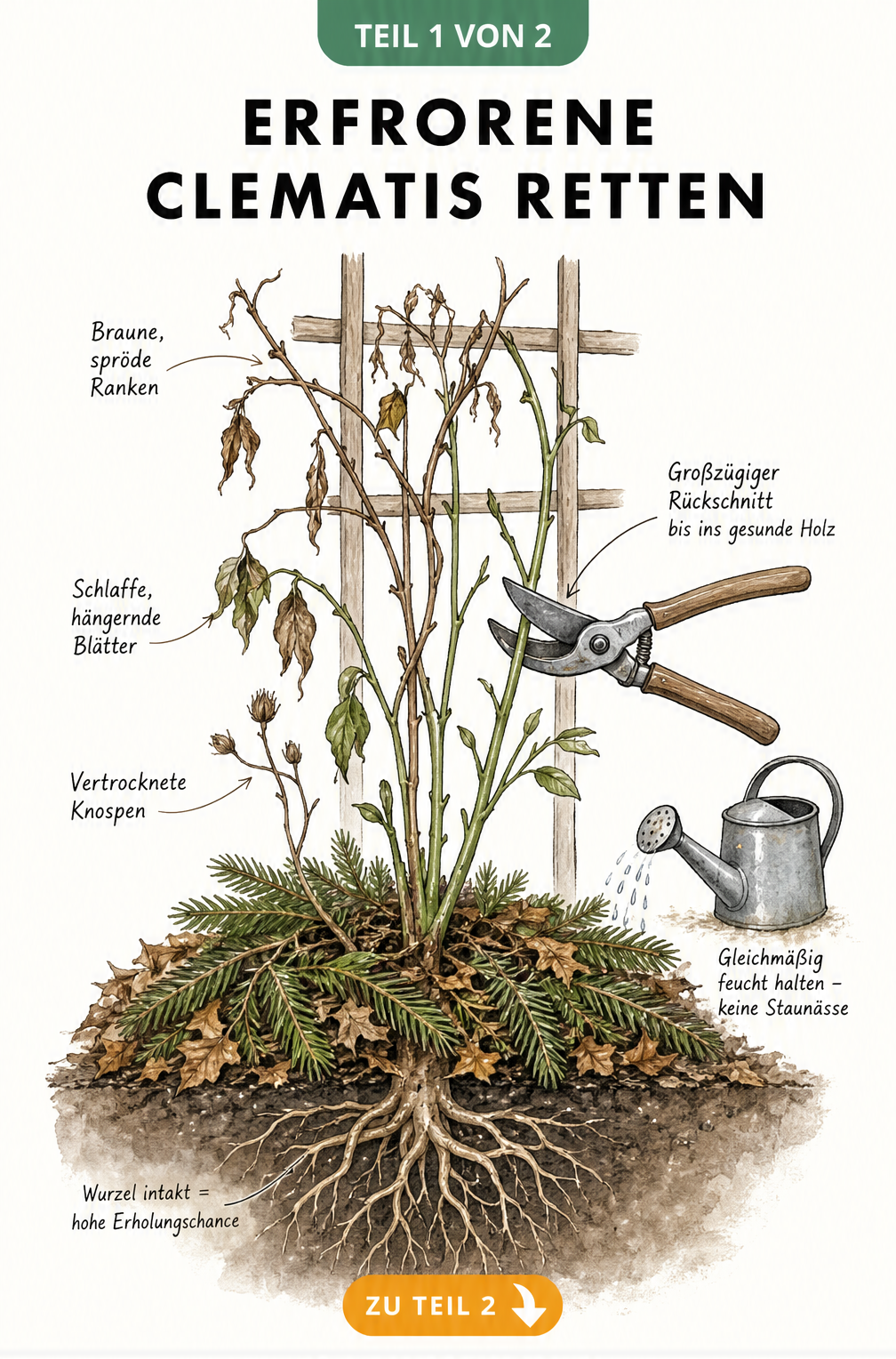 Illustration einer erfrorenen Clematis mit braunen Ranken und Anleitung zum Rückschnitt bis ins gesunde Holz