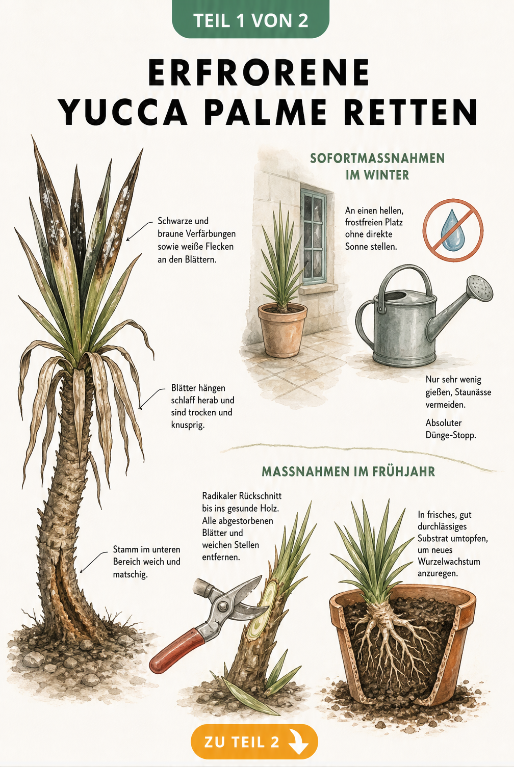 Illustration einer frostgeschädigten Yucca-Palme mit braunen Blättern und weichem Stamm sowie den Schritten zur Rettung durch Rückschnitt und Umtopfen
