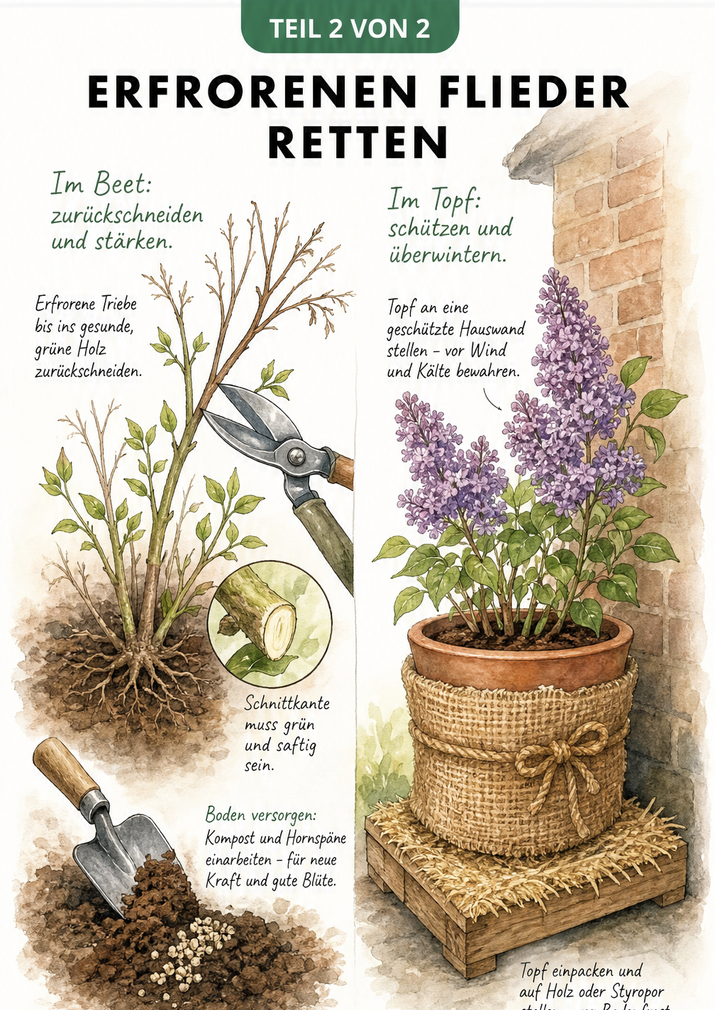 Aquarell-Zeichnung eines Flieder-Rückschnitts im Garten und eines geschützten Topf-Flieders an der Hauswand