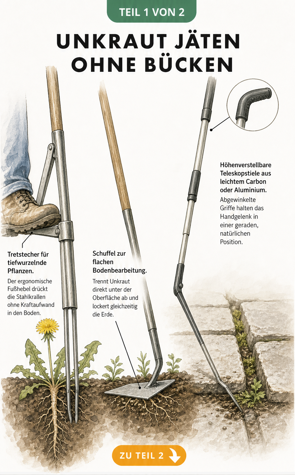 Illustration einer Gärtnerin in ergonomischer Halbkni-Position beim Unkrautjäten mit Hinweisen zur Körperhaltung