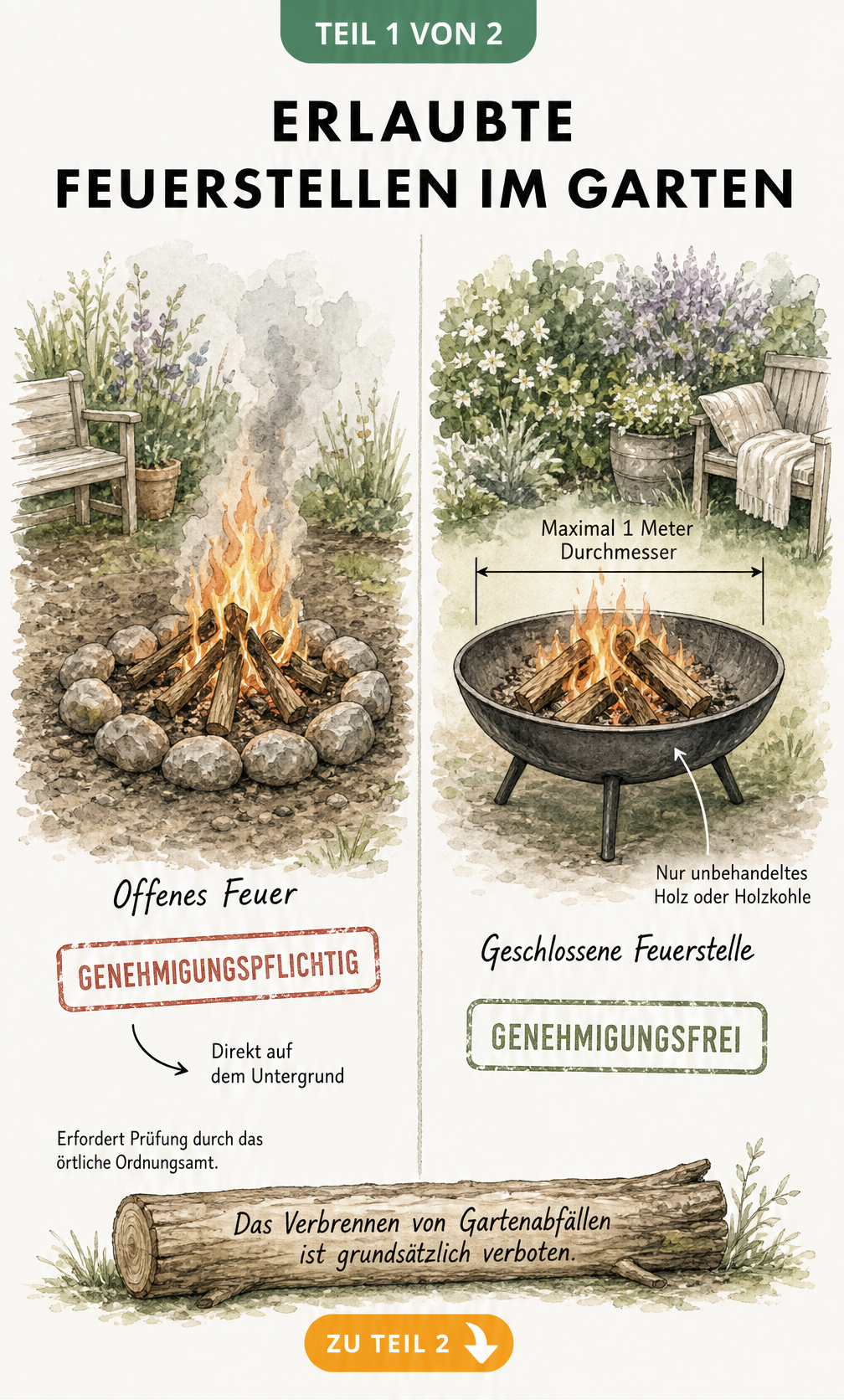 Illustration einer offenen Feuerstelle am Boden und einer geschlossenen Feuerschale mit Hinweisen zur Genehmigungspflicht
