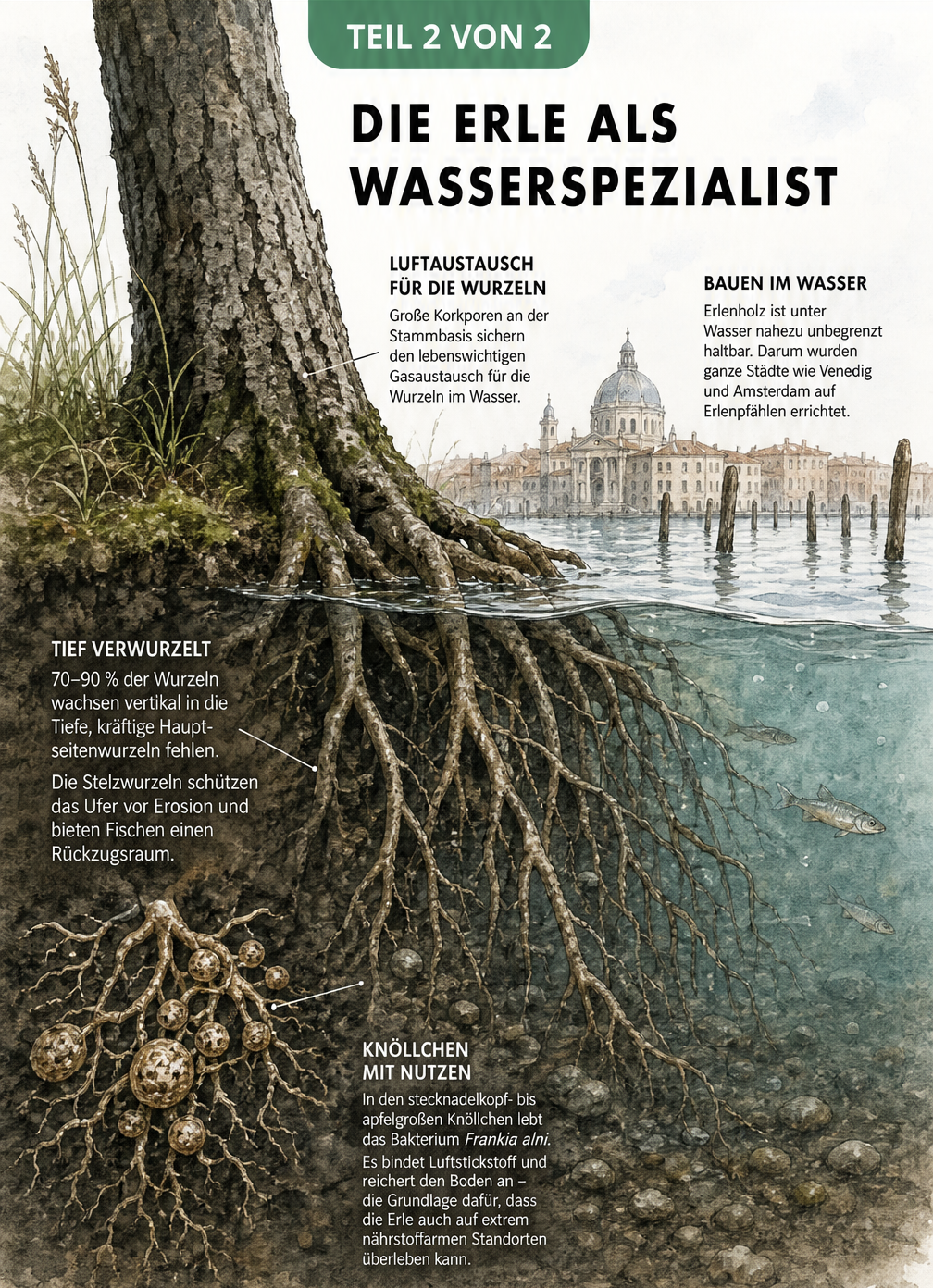 Illustration des Wurzelsystems einer Erle am Gewässerufer mit Korkporen und Wurzelknöllchen