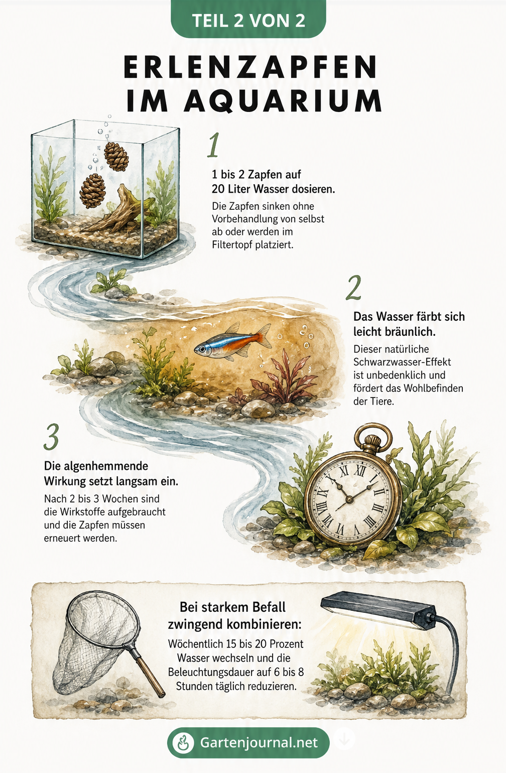 Zeitstrahl zur Anwendung von Erlenzapfen im Aquarium, von der Dosierung bis zur Erneuerung nach einigen Wochen.