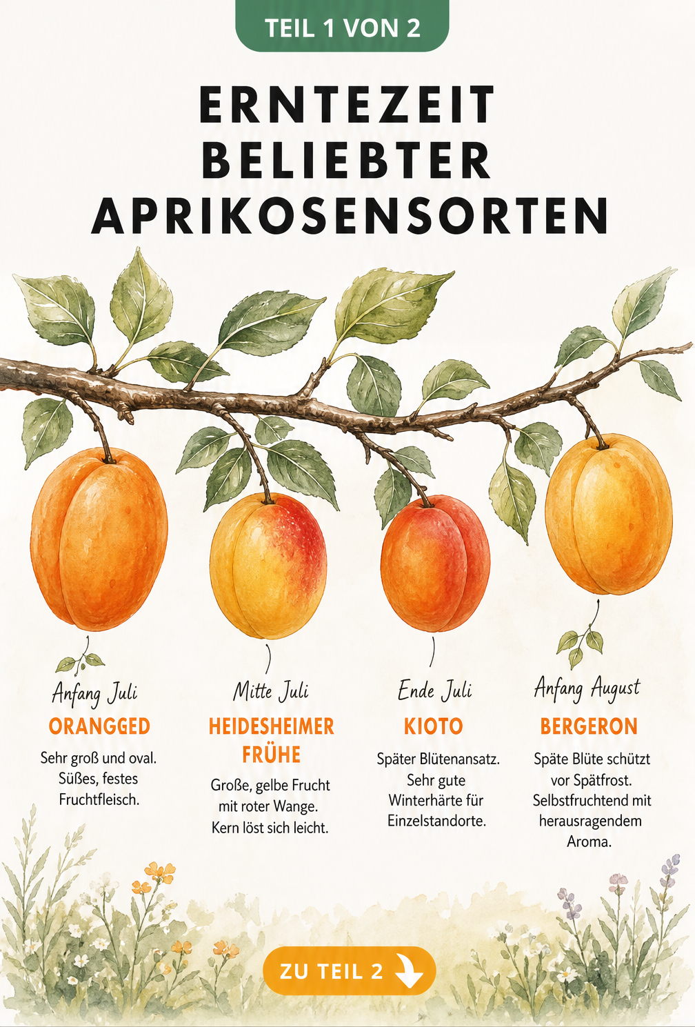 Aquarell-Illustration eines Aprikosenzweigs mit den Sorten Orangered, Heidesheimer Frühe, Kioto und Bergeron nach Erntezeit sortiert