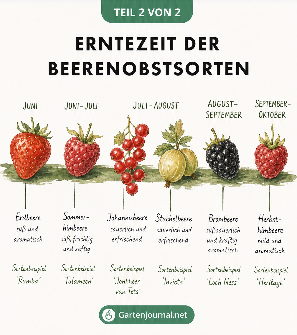Zeitstrahl mit der Erntezeit verschiedener Beerenobstsorten von Juni bis Oktober, illustriert mit Erdbeeren, Himbeeren, Johannisbeeren und Brombeeren
