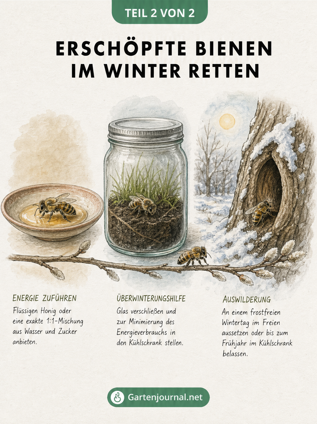 Drei Aquarell-Szenen zur Bienenrettung im Winter: Biene auf Teller mit Honig, im Einmachglas und am Astloch
