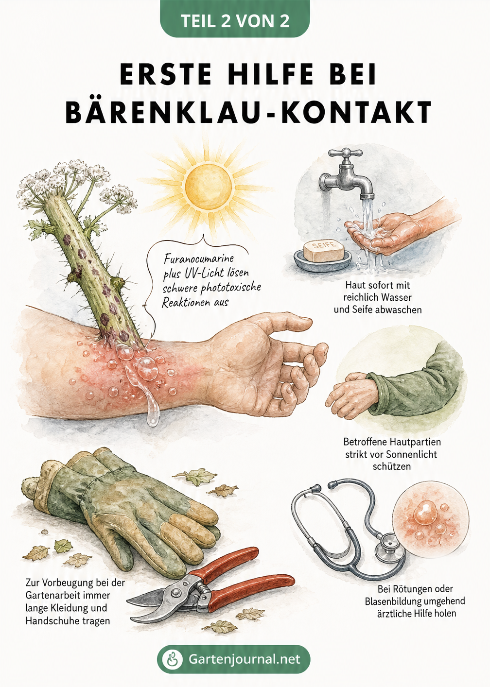 Medizinische Skizze zur Ersten Hilfe bei Kontakt mit Bärenklau-Pflanzensaft und UV-Licht