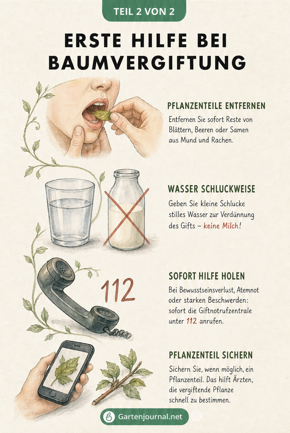 Illustration der Erste-Hilfe-Schritte bei einer Baumvergiftung: Pflanzenteile entfernen, Wasser trinken, Giftnotruf wählen und Pflanze fotografieren.