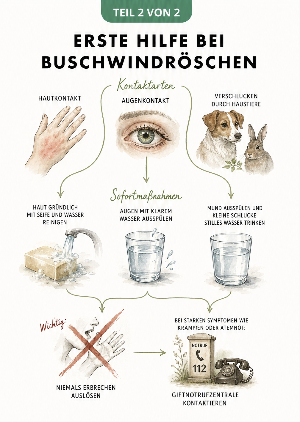 Illustration von Erste-Hilfe-Maßnahmen bei Kontakt mit Buschwindröschen, wie Hautreinigung, Augenspülen und Giftnotruf