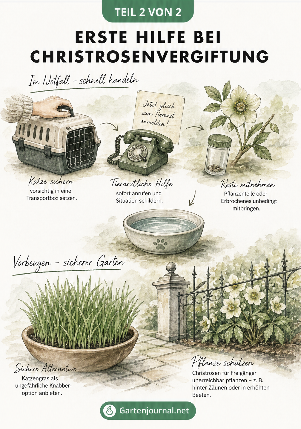 Aquarell-Illustration zur Ersten Hilfe bei Christrosenvergiftung bei Katzen mit Transportbox, Telefon und Katzengras als sichere Alternative
