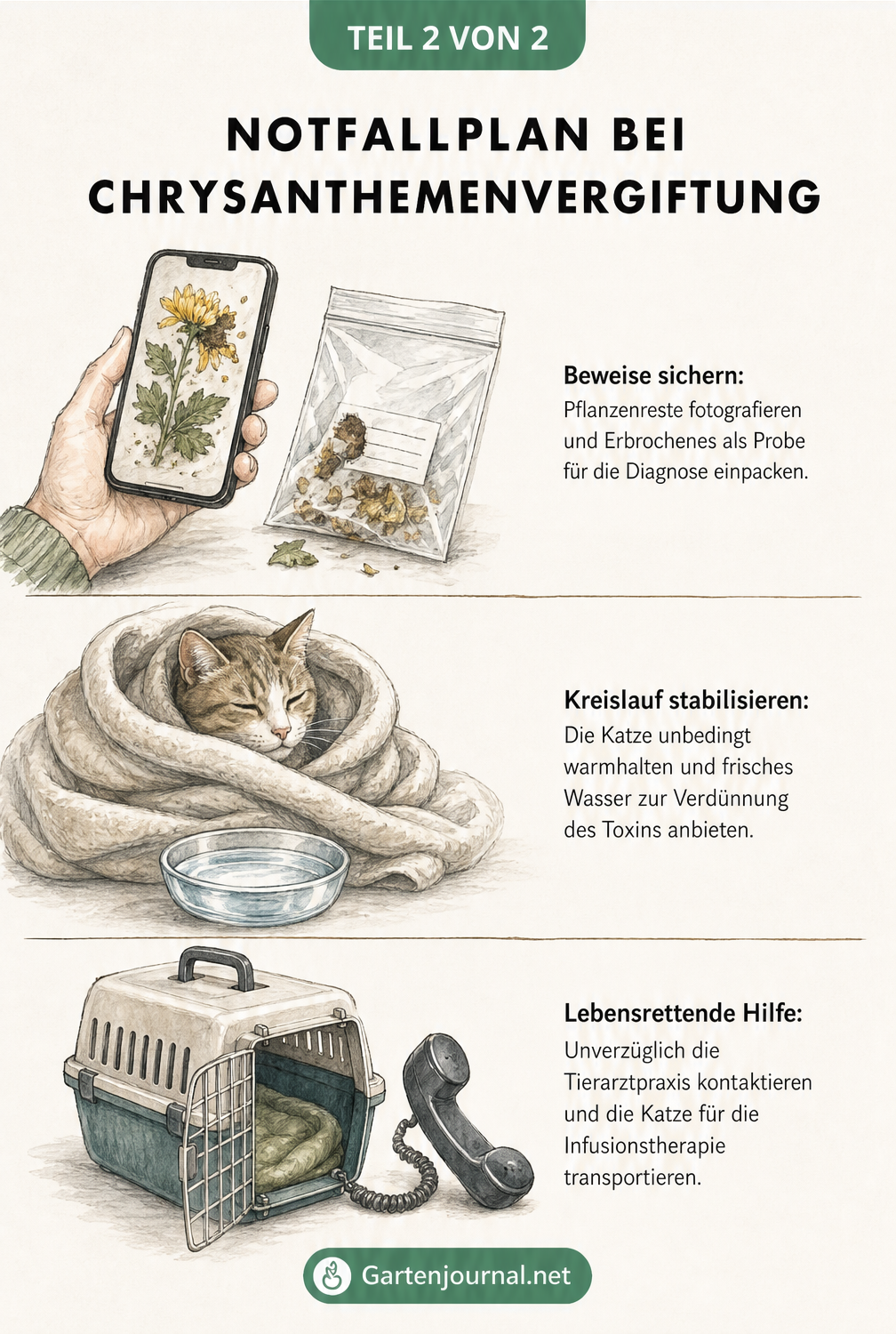 Skizzenhafte Darstellung der Ersten Hilfe bei einer Chrysanthemenvergiftung bei Katzen: Beweise sichern, Kreislauf stabilisieren und Tierarzt kontaktieren.