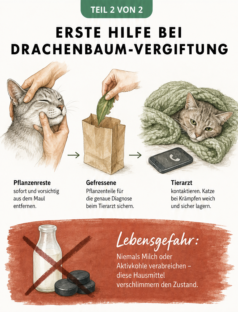 Drei illustrierte Schritte zur Ersten Hilfe bei einer Drachenbaum-Vergiftung bei Katzen sowie eine Warnung vor Hausmitteln