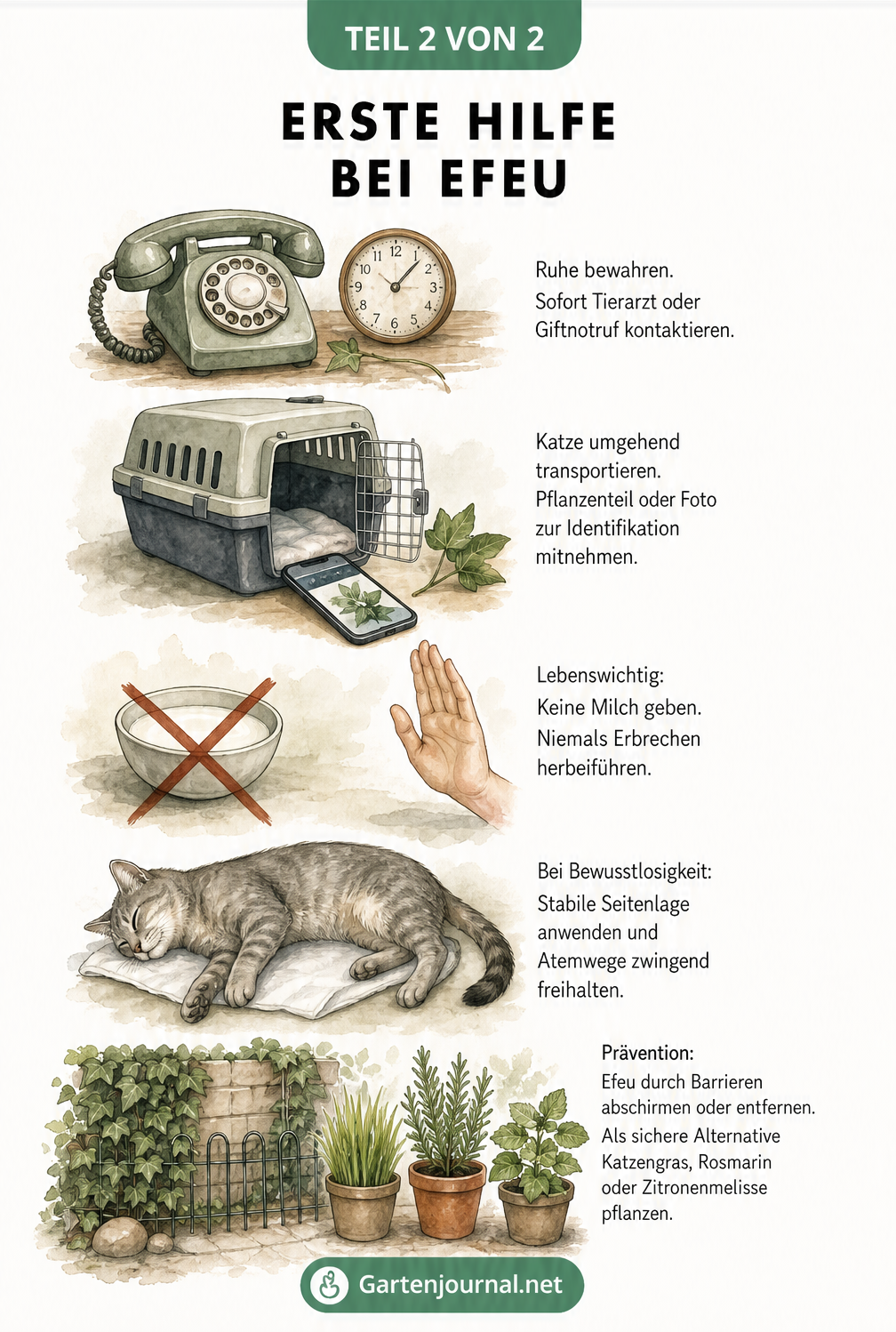 Illustration zur Ersten Hilfe bei Efeu-Vergiftung bei Katzen: Tierarzt anrufen, Katze transportieren, keine Milch geben und stabile Seitenlage anwenden.