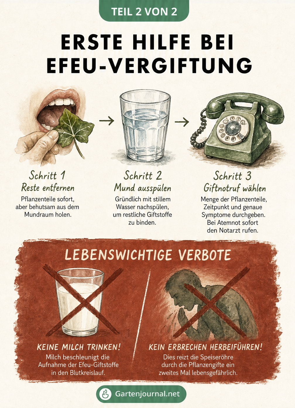 Erste-Hilfe-Poster im Vintage-Stil mit drei Schritten bei Efeu-Vergiftung: Reste entfernen, Mund ausspülen und Giftnotruf wählen, sowie Warnungen vor Milch und...