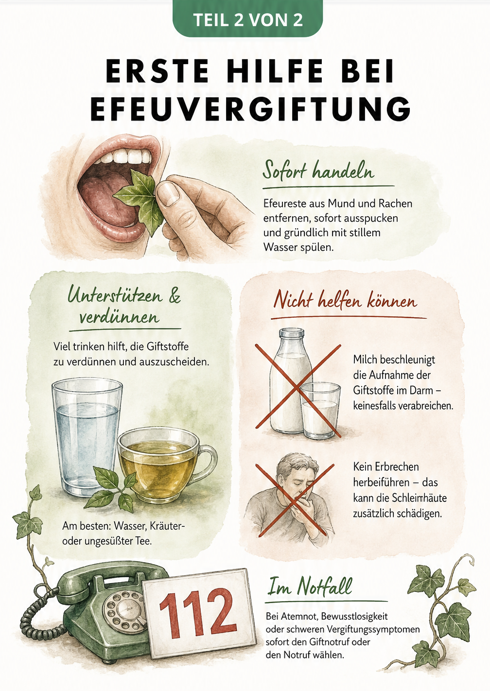 Ablaufplan zur Ersten Hilfe bei einer Efeuvergiftung: Pflanzenreste ausspucken, Wasser oder Tee trinken, keine Milch trinken, kein Erbrechen herbeiführen und...