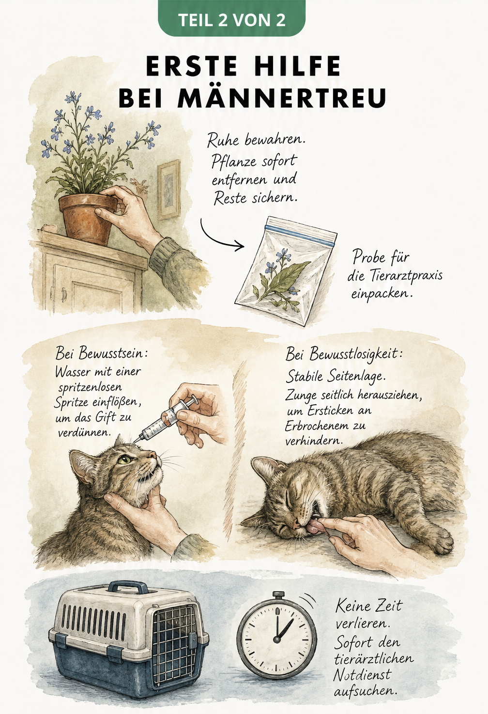 Illustration von Erste-Hilfe-Maßnahmen bei einer Männertreu-Vergiftung der Katze, inklusive Wasser einflößen und stabiler Seitenlage.