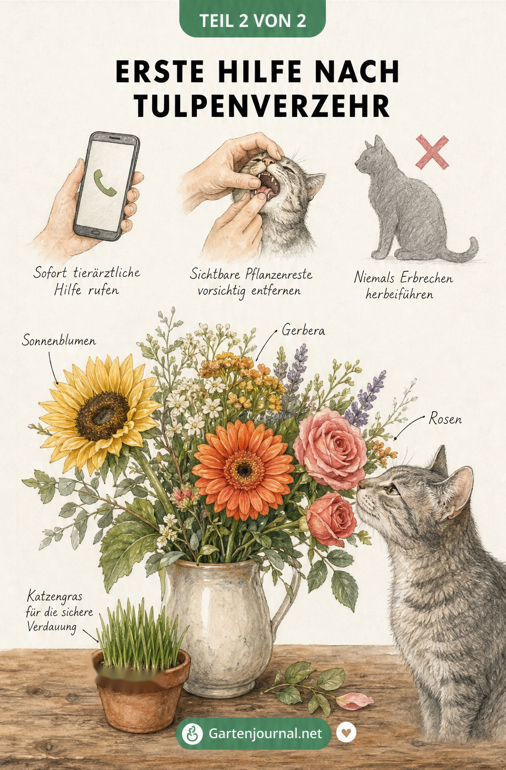 Illustration von Erste-Hilfe-Maßnahmen bei Katzen und katzenfreundlichen Blumen wie Sonnenblumen und Rosen