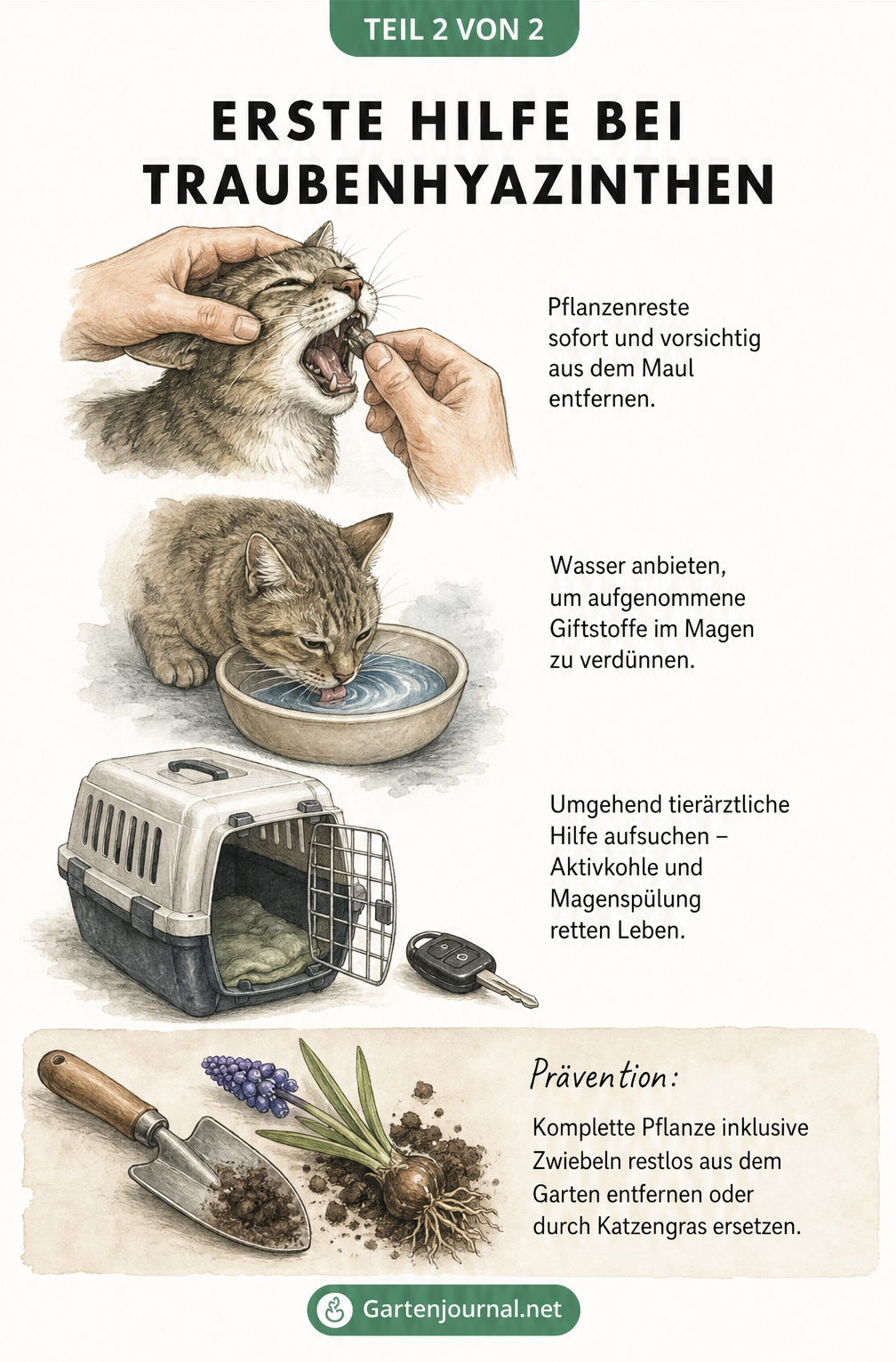 Aquarell-Illustrationen zur Ersten Hilfe bei Katzen: Maul reinigen, Wasser anbieten und Transportbox für den Tierarzt