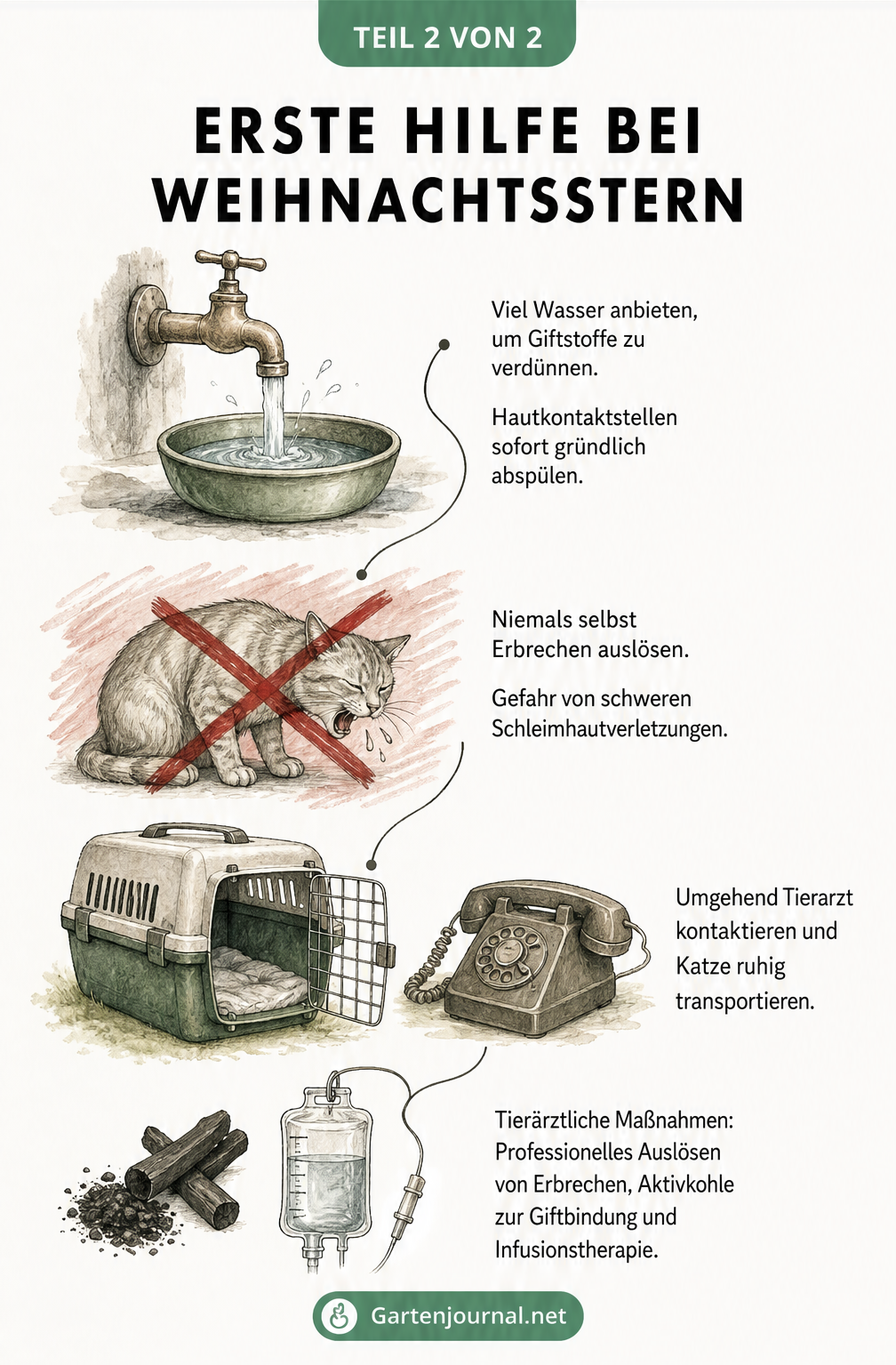 Handgezeichnete Anleitung zur Ersten Hilfe bei Katzen nach Kontakt mit Weihnachtsstern: Wasser anbieten, kein Erbrechen auslösen und sofort den Tierarzt...